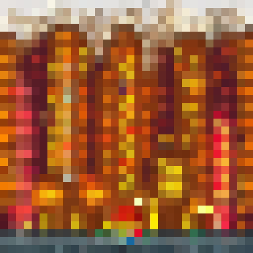 A vibrant, bustling cityscape with towering skyscrapers, bustling streets filled with neon lights and bustling crowds, all rendered in a pixelated, 32x32 skill art style.