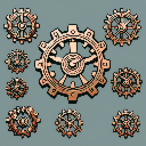 I want a copper gear that looks like it was made by a master clockmaker. It should have strange mechanical details that could interlock with each other. I also want this object usable an asset in a videogame, meaning only one object per image, outlined with a strong black stroke, on a solid-color background.