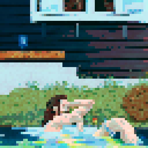 crazy cool guy with long brown hair sitting in a small pool, pixel art, sRGB, background, landscape