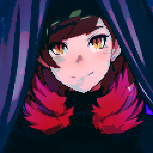 A brown-haired girl with brown eyes smiles as she stands amid blue curtains in a black dress and floating cherry blossom petals