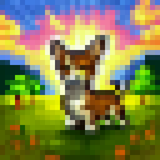 Corgi explorer in safari gear treks through lush jungle, surrounded by towering trees, vibrant foliage, and exotic creatures, all rendered in 32x32 Skill Art style.