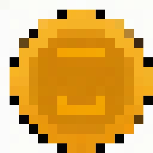 Golden coin, shimmering, glimmering, reflecting light, intricate details, pixelated, vibrant colors, retro aesthetic, 8-bit, low resolution, square pixels, metallic texture, shiny surface, sparkling, gleaming, radiant, nostalgic, classic video game vibes, limited color palette, crisp edges, nostalgic charm, digital artwork, vintage feel, iconic symbol