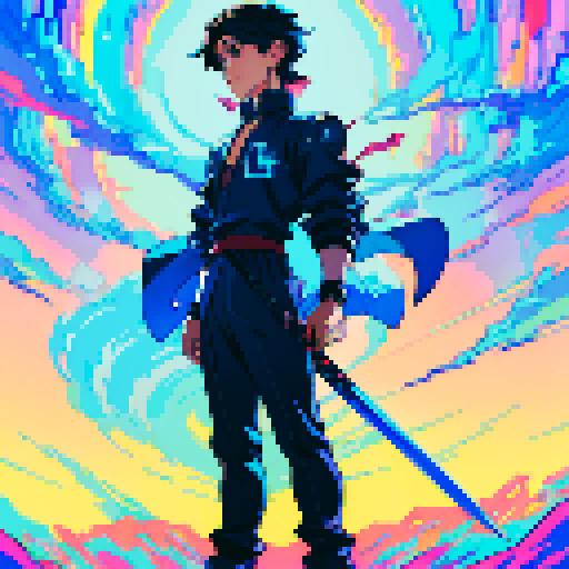 young hero with blue glowing cyber sword shonen with dark hair, astralite, anime game pixel art, A vibrant and colorful RPG-style scene with Super Nintendo graphics, featuring a 16-bit color palette and a resolution of 256x224 pixels