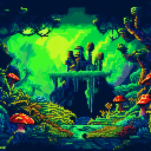 dark, eerie cave with stalactites, glowing mushrooms, and a hidden underground river, rendered in sRGB pixel art with a detailed background showcasing a mysterious and haunting landscape