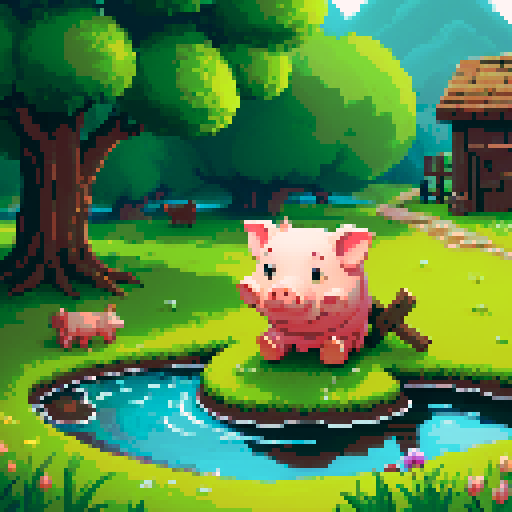 old wise pig character , sitting next to a small stream flowing through a large field, in a dark fantasy text adventure RPG art style