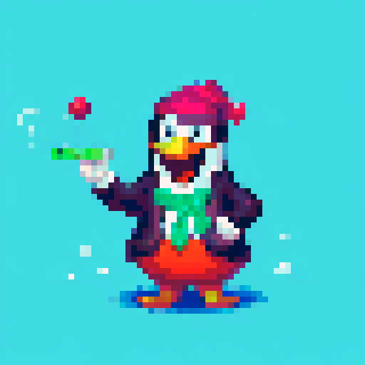 Neon green scarf, polka dot bowtie, red beret, and monocle-wearing penguins slide and waddle through a snowy sRGB landscape, surrounded by charming pixel art trees and mountains