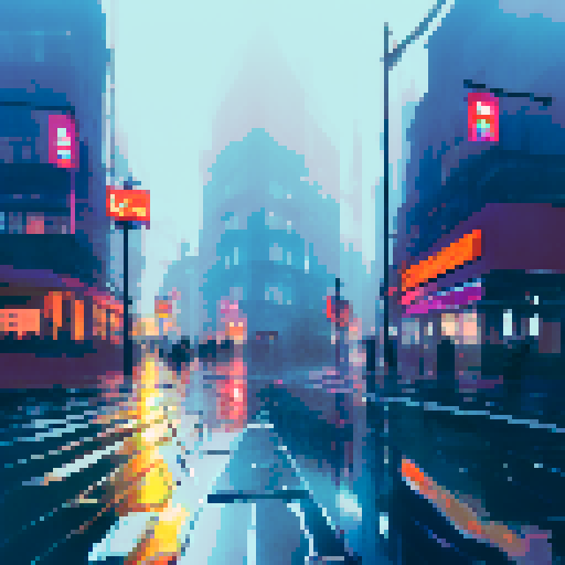 rain-soaked streets, towering skyscrapers, vibrant neon lights, cascading water droplets, misty reflections, umbrella-clad pedestrians, foggy silhouettes, glistening pavement, moody atmosphere, dramatic cityscape