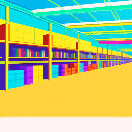 corridor, wholesale, shelves, pixel art, sRGB, vibrant colors, stacked boxes, organized chaos, geometric patterns, symmetrical layout, isometric perspective, crisp lines, limited color palette, detailed sprites