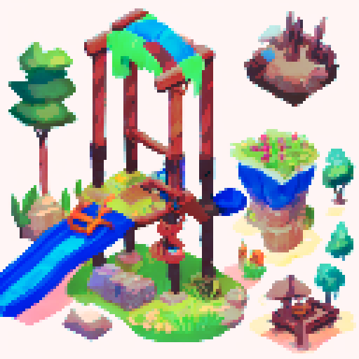 Deserted, colorful, landscape-style playground slide and monkey bars, no background