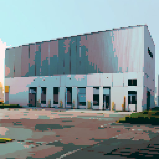 A large steel-structured warehouse stands beside a two-story white office building. 