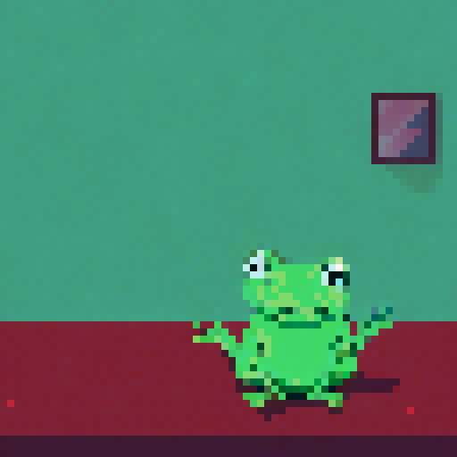 In the cozy ambiance of a dimly lit room, a small, jovial frog perches comfortably upon a plush couch chair, its diminutive size emphasized by the vastness of the furniture. The flickering flames of a nearby fireplace cast a warm glow, enveloping the space in a soft, golden light, creating an atmosphere of comfort and relaxation. With a mug clasped delicately between its tiny webbed fingers, the contented frog takes a sip of steaming coffee, its expression reflecting pure bliss. Grandma house