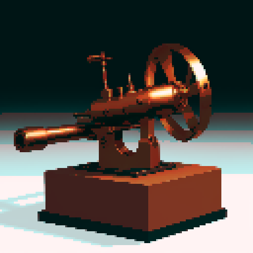I want a copper rotary machine gun viewed from from the side. I want this object usable an asset in a videogame, meaning only one object per image, outlined with a strong black stroke, on a solid-color background.
