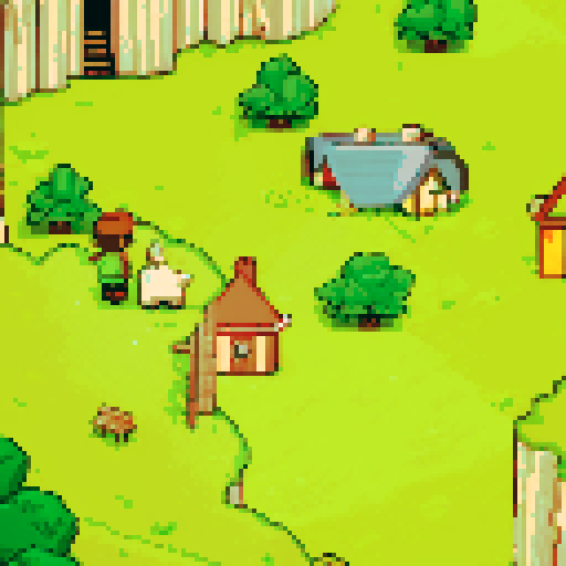 Green valley, odd houses with ribbons, boy with striped shirt and baseball cap, mole with ribbon