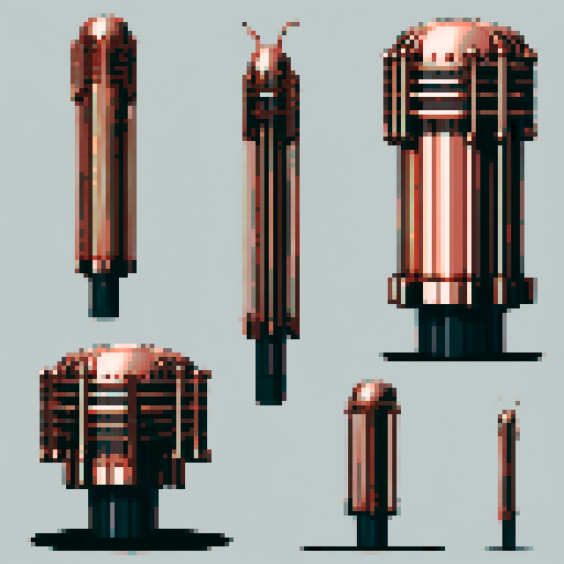 I want a tall vertical copper structure reminiscent of a organ pipe. It should have strange mechanical details that could interlock with each other. I also want this object usable an asset in a videogame, meaning only one object per image, outlined with a strong black stroke, on a solid-color background.