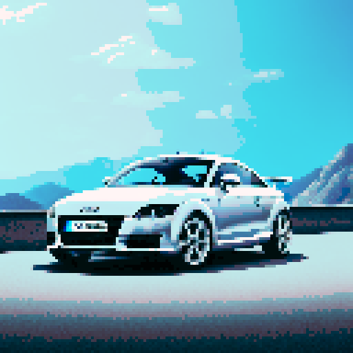 Photorealistic, centered Audi TT in a three quarter view, right wheel in front, clean background, pixel art style with sRGB colors