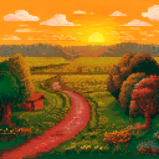 pastoral landscape, fields (yellow), sunset, no mountains in background