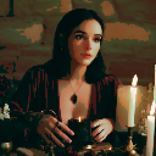 Close-up of a young beautiful woman looking at the viewer making magic with candles.
