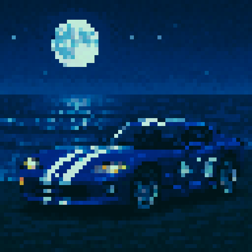 1996 Dodge Viper Indy Pace Car, ocean, night, full moon, sRGB, pixel art