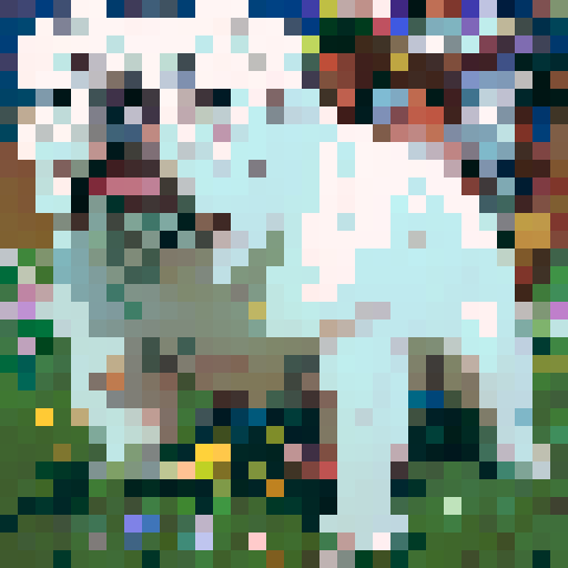 prestigious all white English bulldog, elegant, regal, adorned with a golden crown, sitting proudly on a pixelated throne, surrounded by vibrant pixel art flowers and a whimsical sRGB background