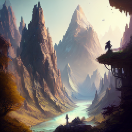 Serene Sage gazes upon bustling village, perched atop majestic mountain, surrounded by lush greenery and cascading waterfalls, with a peaceful expression on face, in a style resembling traditional ink brush painting.