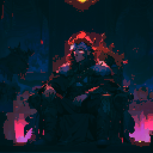 warlord sitting on a grand, golden throne, surrounded by flickering torches, adorned with a regal, fur-trimmed cloak, in a dimly lit chamber with intricate tapestries, all depicted in vibrant, pixelated sRGB style