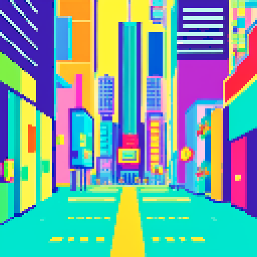 tall skyscraper, vibrant colors, geometric shapes, bustling streets, retro aesthetic, neon lights, 8-bit graphics, symmetrical composition, high contrast, cityscape