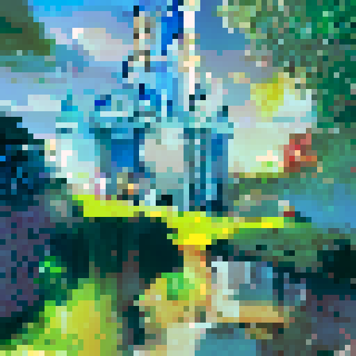 Majestic Disney castle nestled in lush greenery, framed by towering trees, with a shimmering moat and a bright blue sky in the background, rendered in a stunning landscape portrait style.