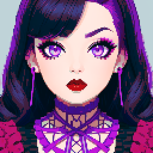 curvy, cute, goth girl, black hair, purple eyeshadow, red lipstick, full head portrait, glamour shot.