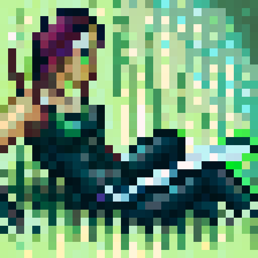 female warrior, vibrant green hair with braids, large sword, fantasy RPG