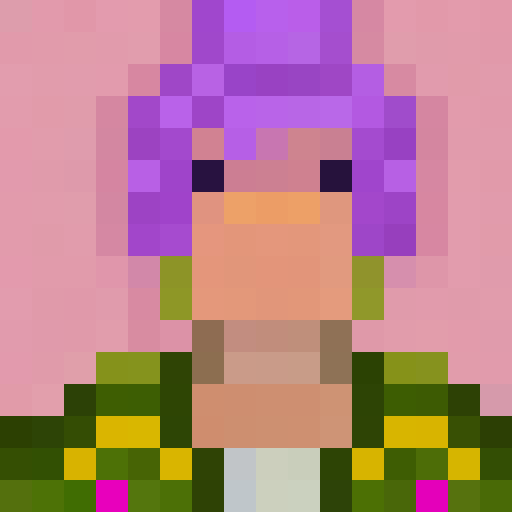 "Create a whimsical, pixelated anime portrait featuring a kawaii, wide-eyed girl with bubblegum pink hair, wearing a pastel blue sailor uniform and holding a giant lollipop."