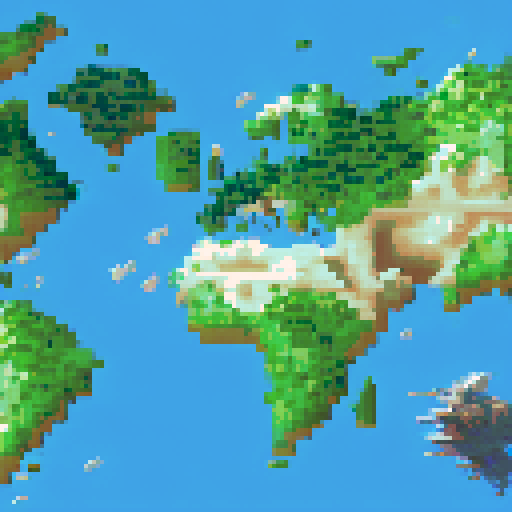 Crate a pixel art map for an RPG based on real world map. 
Keep proportions and show the different biomes (like mountains, hills, deserts, tundra etc.). 

