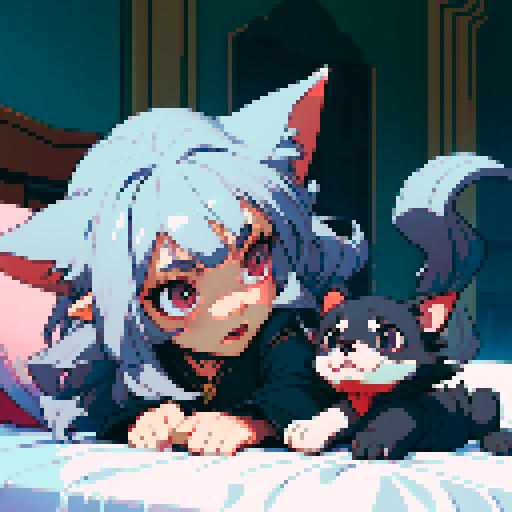 Small dog with short legs, fluffy, silver, long eyelashes, black and silver curly tail, big ears, slightly crooked jaw with a perfect nose
In bed