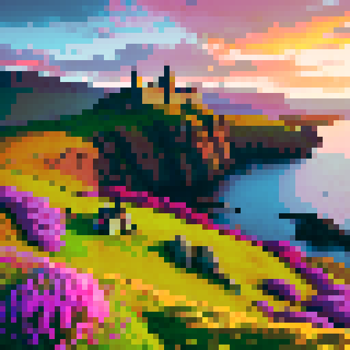 Isle of Skye, misty mountains, vibrant heather fields, quaint cottages, rocky cliffs, cascading waterfalls, sheep grazing, rugged coastline, ancient castles, colorful fishing boats, dramatic sunsets