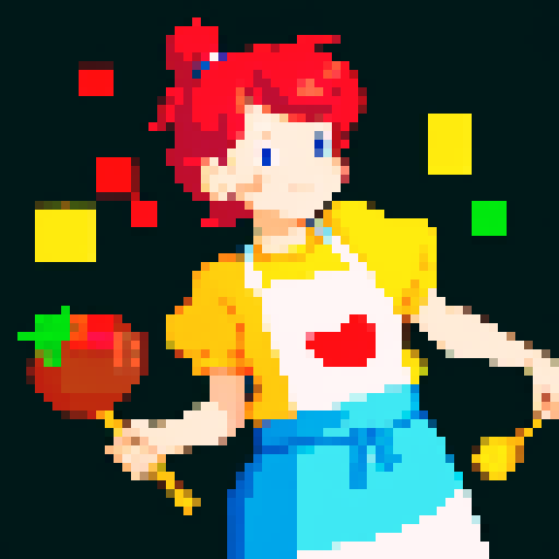 Cute, vibrant, playful chef, apron, appears to be juggling utensils but no utensils are in shot, pixel art, colorful, character facing forward, character looking up concentrating on juggling, no background, sRGB