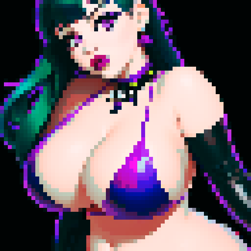 curvy, cute goth girl with purple hair, green eyeshadow, and red lipstick, in a nude glamour shot, rendered in pixel art with vibrant sRGB colors