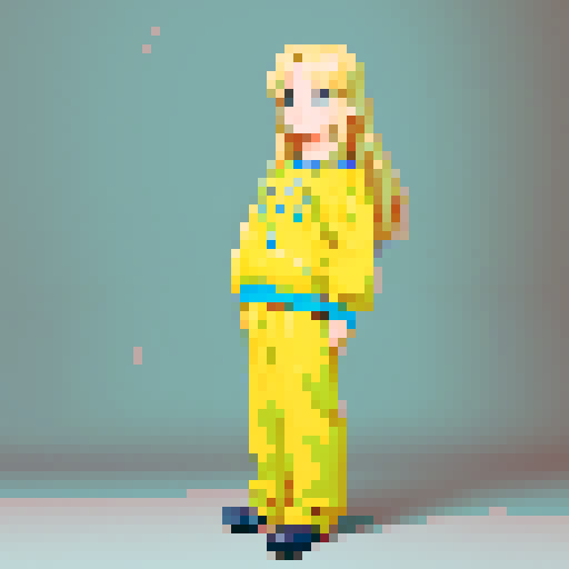 Make this a little blonde girl in 16 bit animation style identical to the reference image