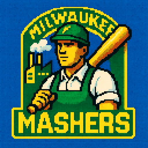 Pixel art of a fictional baseball team called the Milwaukee Mashers. Factory Employee, green, yellow, white, sharp outlines, and soft pixel shading. The logo design mimics 80s MLB logos. Use a vibrant Sega Genesis 16-bit style with selective dithering, geometric forms, and nostalgic retro charm. Avoid modern gradients—keep it pure pixel art.