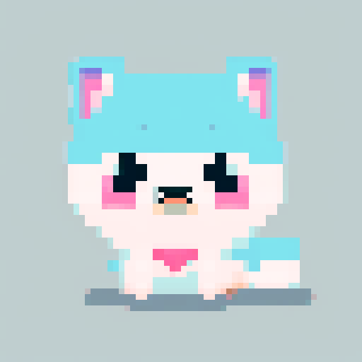 Generate a pixel art image in kawaii style. The scene should feature a cute dog sitting with a bone beside.The character should be cute and expressive, with soft pastel colors, big eyes, and a joyful expression. Use a clean, simple background with no extra details. Add soft lighting and shading to enhance the kawaii look.
