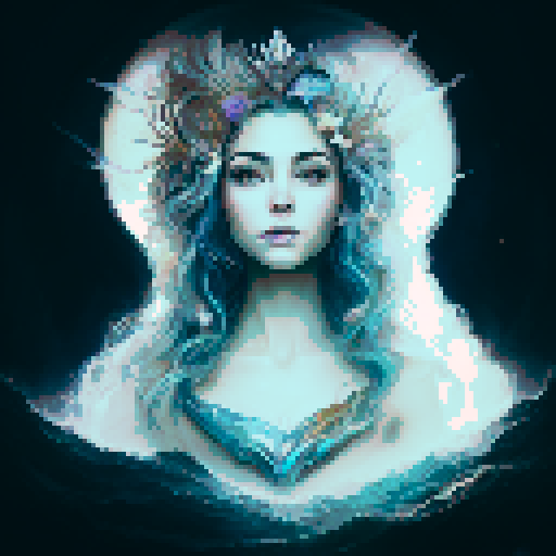 Create a close-up image of a mermaid with a crown, partially submerged underwater. Half of her face is above the water's surface, revealing her beautiful features. The underwater portion of her face should show her aquatic beauty, with the serene, mysterious ambiance of the ocean surrounding her. The crown should have an ethereal, shimmering quality, adding to her majestic presence.