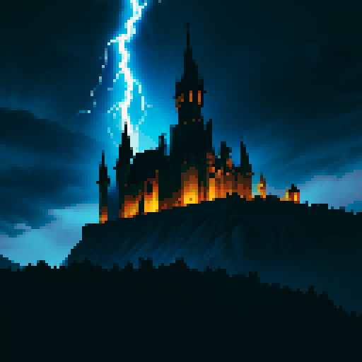 dark background, hellish background, black and blue colors, night, ruins, medieval castle, big evil castle, storm clouds, storming, lightning