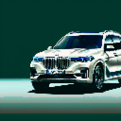 Photorealistic, centered BMW X7 in a three quarter view, right wheel in front, clean background, pixel art style with sRGB colors
