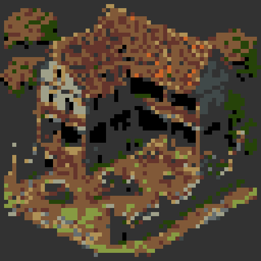 top down post-apocalyptic ancient Roman farmhouse, crumbling stone walls, overgrown vines, rusted armor, decaying wooden doors, broken pottery, moss-covered statues, collapsed roof tiles, dilapidated furniture, flickering torches, eerie shadows