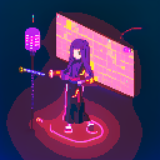 Mage anime girl with flowing hair, fluorescent tattoos, and a glowing staff, navigating through a purple neon-lit night market, vibrant colors, intricate patterns, retro aesthetics, pixel art
