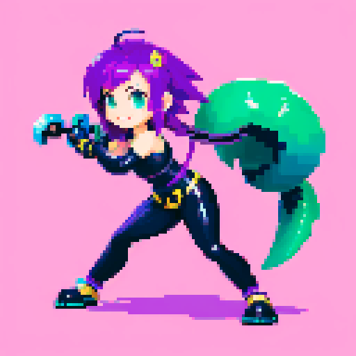 cute girl with vibrant hair, expressive eyes, and a playful smile, with a thick metallic scorpion tail as weapon