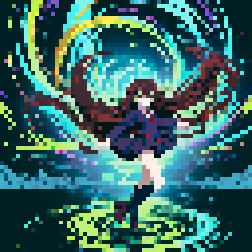 anime girl with long, glowing eyes, flowing hair, dark colors, hovering above the ground in a revealing school uniform, with a 16 bit style that pops against the sRGB color palette
