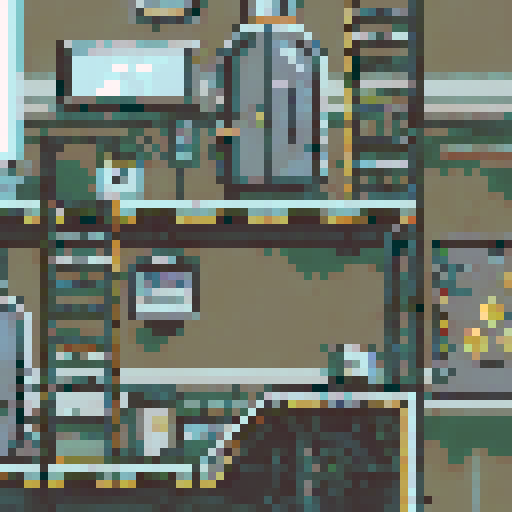 run-down, apocalyptic atmosphere, pixel art, inside of a Futuristic robot factory, sRGB, pixel art, background, landscape, dilapidated machinery, sparks flying, smog-filled air, towering metal structures, cracked concrete floors, flickering neon lights, rusted conveyor belts, broken windows, shattered glass, discarded robot parts, overgrown vines, eerie shadows, abandoned control panels