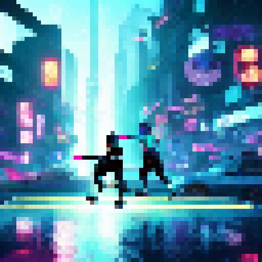 bot chasing a criminal through a neon-lit cityscape, with a cyberpunk art style and explosive action scenes.