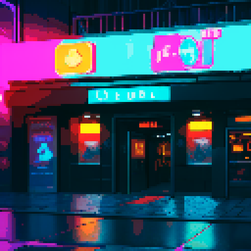 Night Street scene with neon bars,  Neon signage, tile and brick.
