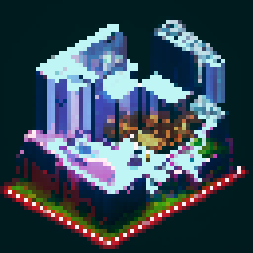 "An 8-bit pixel art of a wealthy polar bear in a high-tech mansion. The bear, in a suit and sunglasses, lounges on a sleek sofa surrounded by holographic displays, LED lighting, and smart glass walls. Crypto symbols glow on digital panels, and a workstation with trading charts highlights his success. A panoramic window reveals icy mountains, blending luxury and futuristic tech."