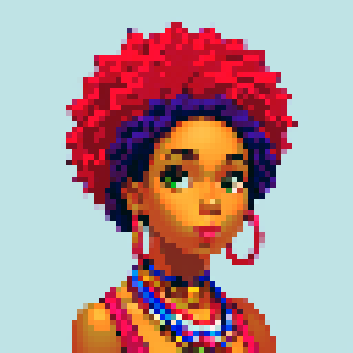 portrait, sprite art, eccentric young woman, african american, bohemian